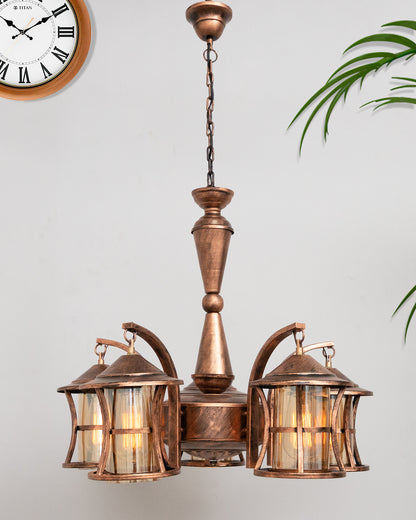 5-Light Oil Rubbed Antique Copper Rust Vintage Edison Chandelier, Glass Metal Jhoomar, Lantern
