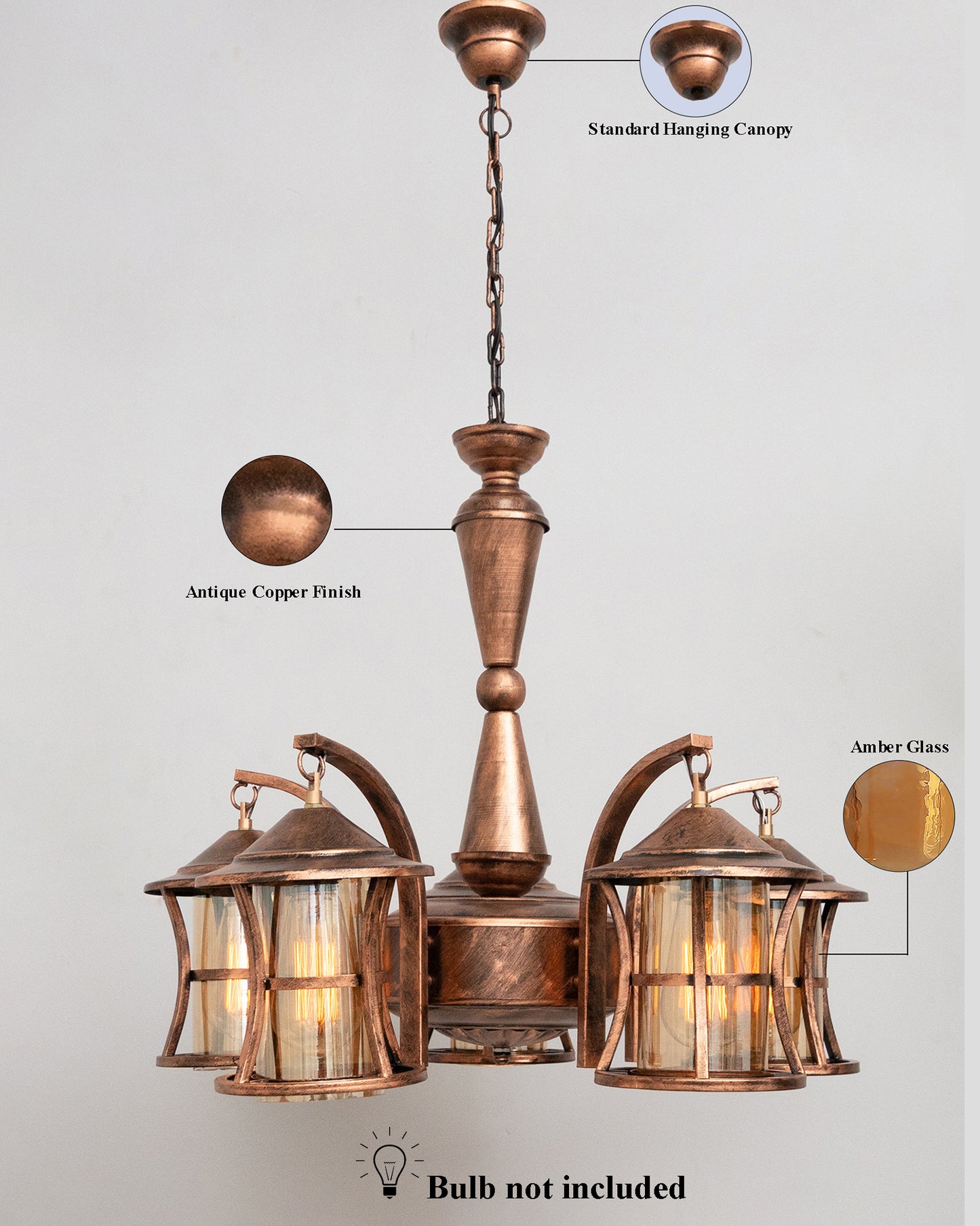 5-Light Oil Rubbed Antique Copper Rust Vintage Edison Chandelier, Glass Metal Jhoomar, Lantern