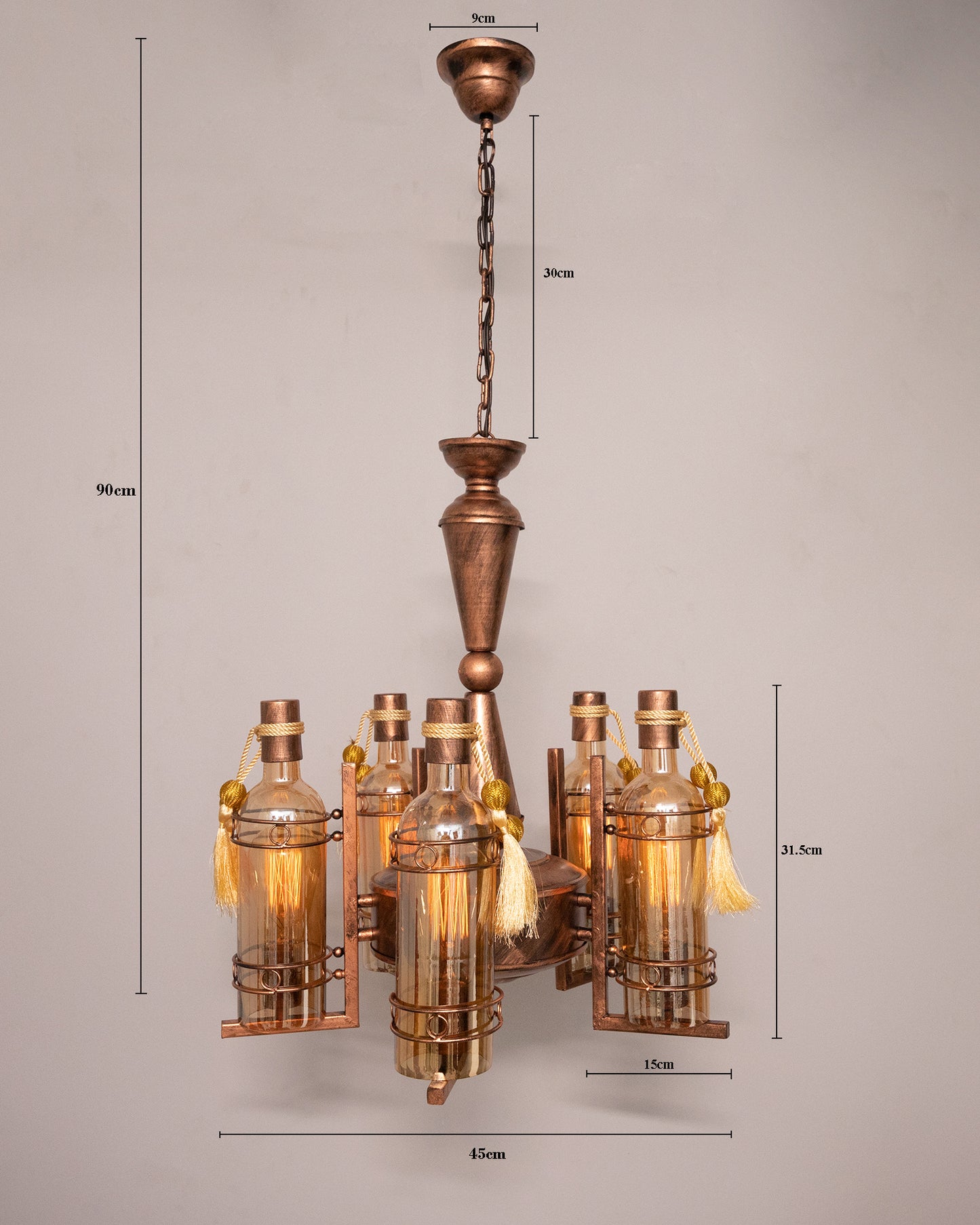 5-Light Oil Rubbed Antique Copper Rust Vintage Edison Chandelier, Glass Metal Jhoomar