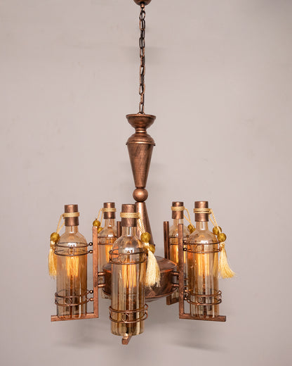 5-Light Oil Rubbed Antique Copper Rust Vintage Edison Chandelier, Glass Metal Jhoomar, Bottle
