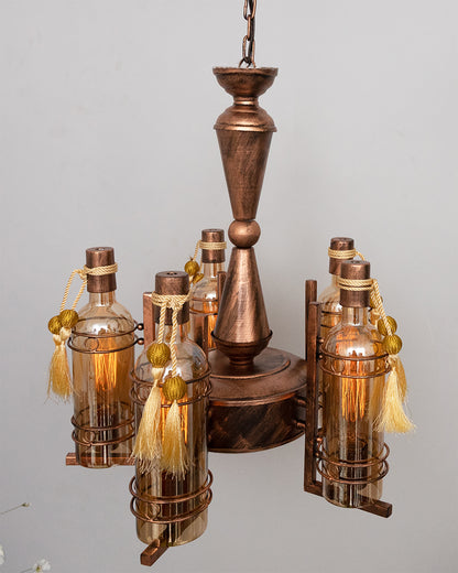 5-Light Oil Rubbed Antique Copper Rust Vintage Edison Chandelier, Glass Metal Jhoomar, Bottle