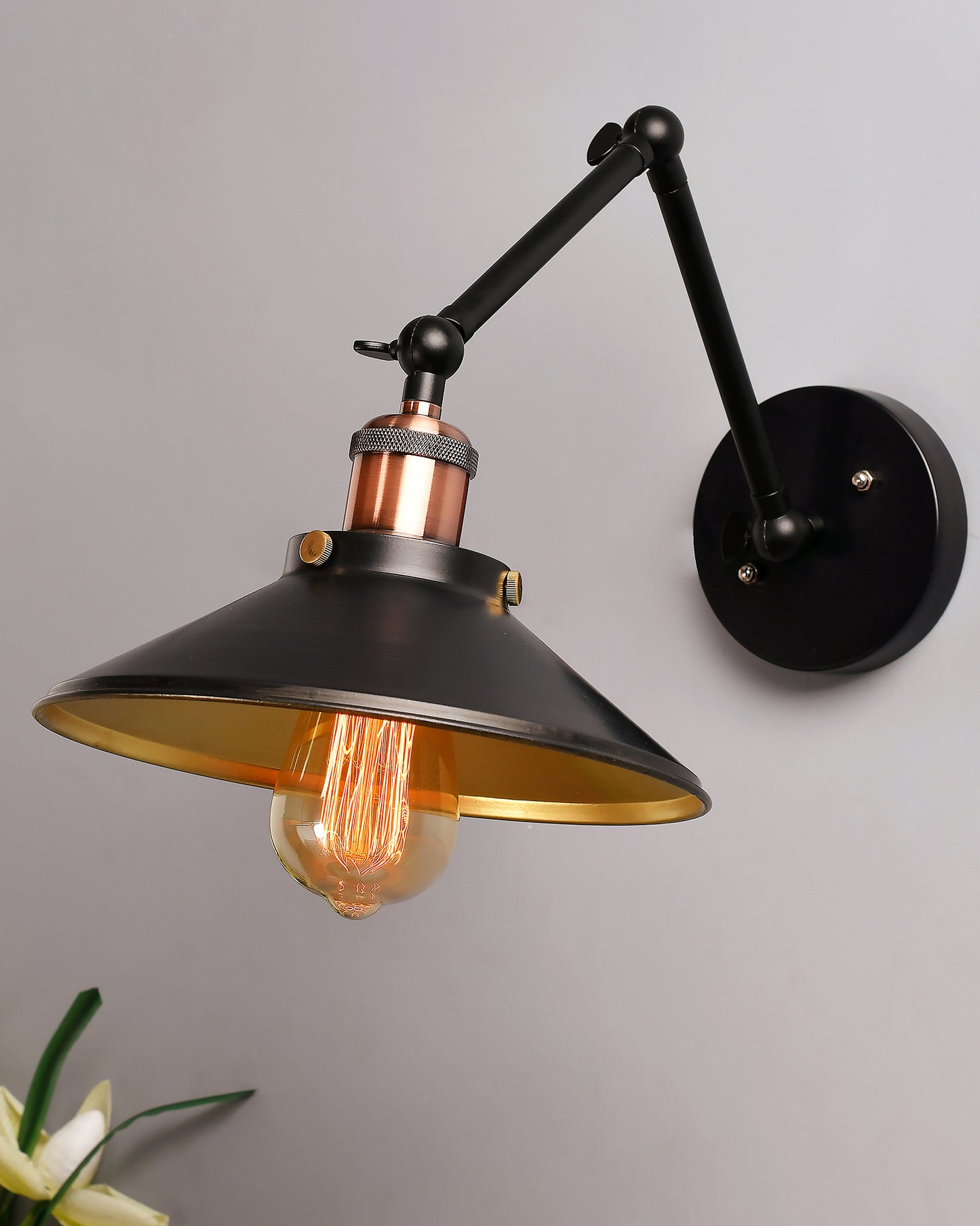 Edison Black 360 Cone Shade Wall Lamp, Vintage Industrial Loft, E27 Holder, Decorative, Swing Wall Light, Triple movement