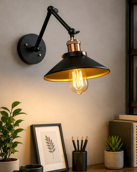 Edison Black 360 Cone Shade Wall Lamp, Vintage Industrial Loft, E27 Holder, Decorative, Swing Wall Light, Triple movement