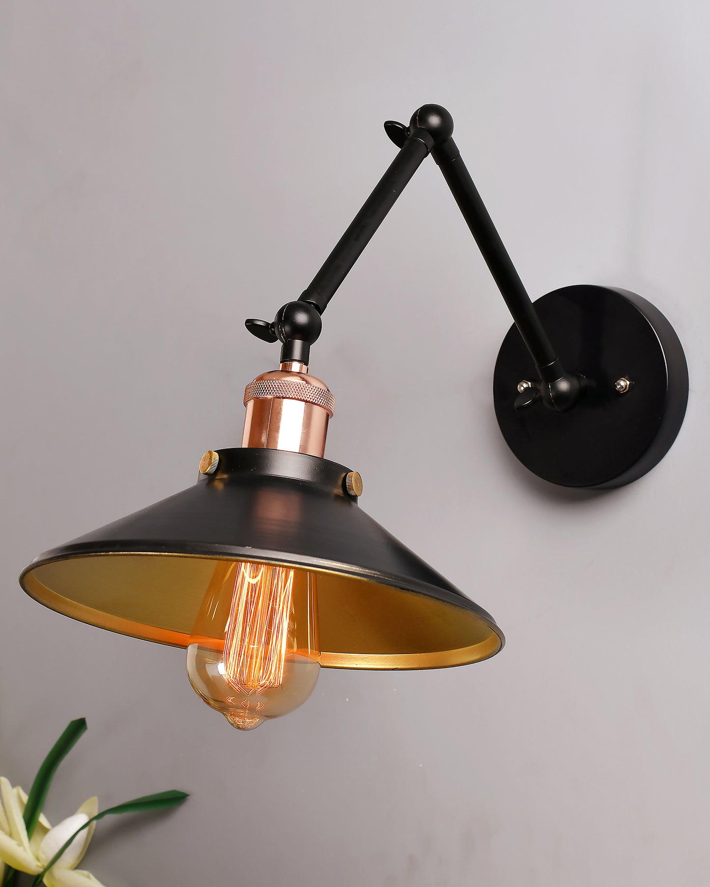 Edison Black 360 Cone Shade Wall Lamp, Vintage Industrial Loft, E27 Holder, Decorative, Swing Wall Light, Triple movement