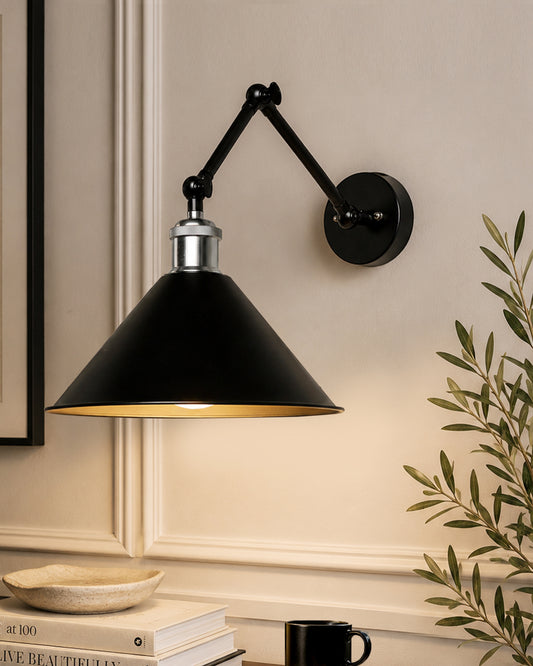 Edison Black 360 Barn Cone Shade Wall Lamp, Vintage Industrial Loft, E27 Holder, Decorative, Swing Wall Light, Triple movement