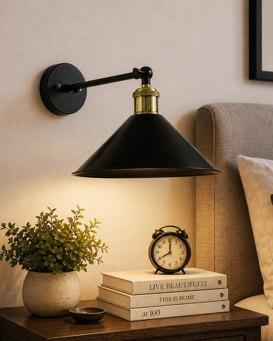 Edison Wall Black Barn Cone Shade Lamp, Vintage Industrial Loft, E27 Holder, Decorative, Swing Wall Light