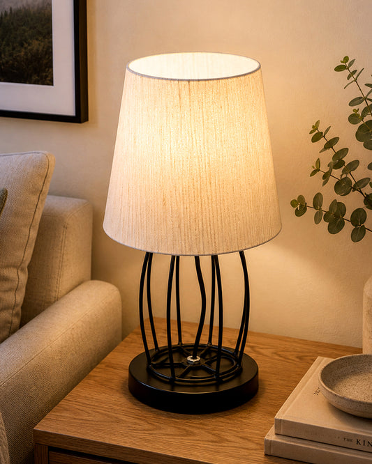 Modern Table Lamp, Metal Wire Cage Base with Long Fabric Cone Shape Lampshade for Home Office Cafe Restaurant