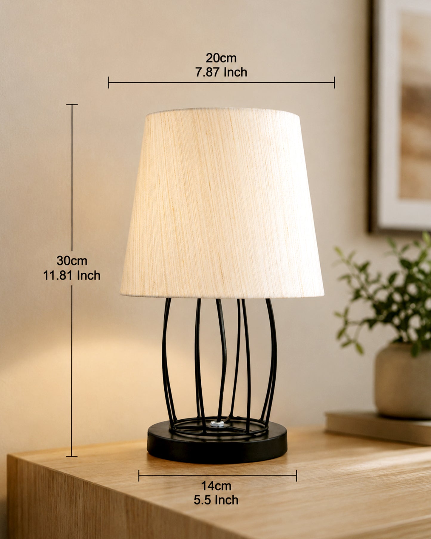 Modern Table Lamp, Metal Wire Cage Base with Long Fabric Cone Shape Lampshade for Home Office Cafe Restaurant