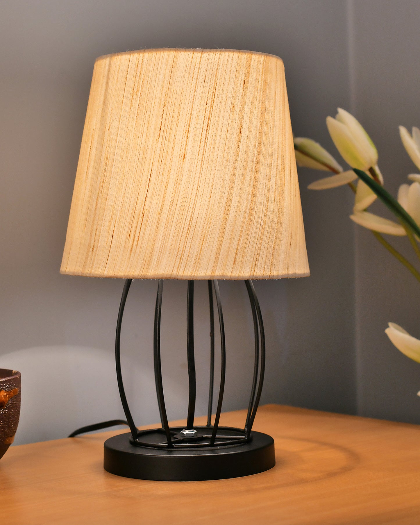 Modern Table Lamp, Metal Wire Cage Base with Long Fabric Cone Shape Lampshade for Home Office Cafe Restaurant
