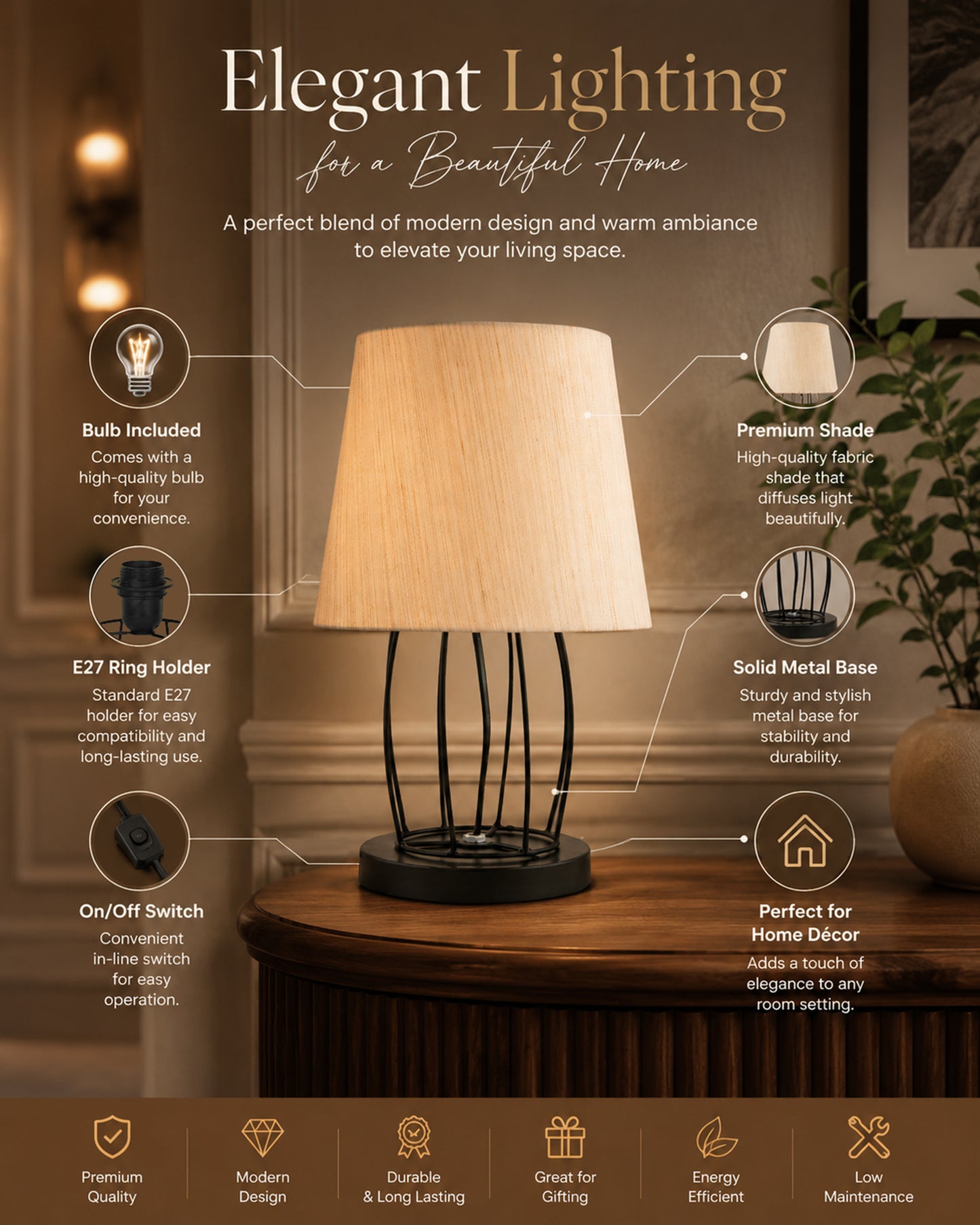 Modern Table Lamp, Metal Wire Cage Base with Long Fabric Cone Shape Lampshade for Home Office Cafe Restaurant