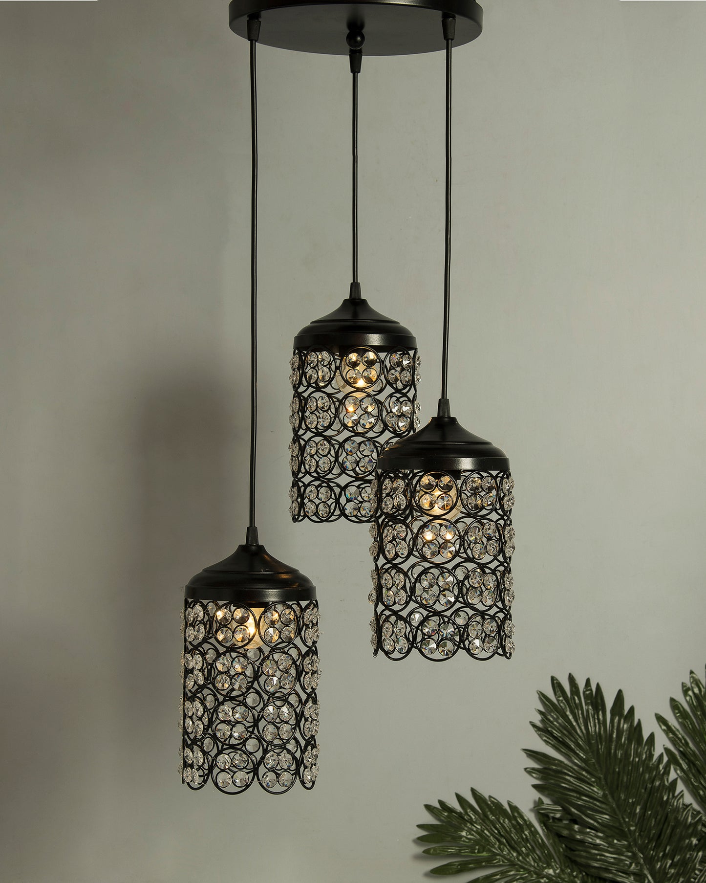 3-Lights Round Cluster Cylinder Chandelier Quad Crystal Hanging Light, Decorative, Black, Kitchen Area and Dining Room Light, LED/Filament Light
