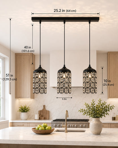 3-Lights Linear Cluster Cylinder Chandelier Quad Crystal Hanging Light, Decorative, Black, Kitchen Area and Dining Room Light, LED/Filament Light