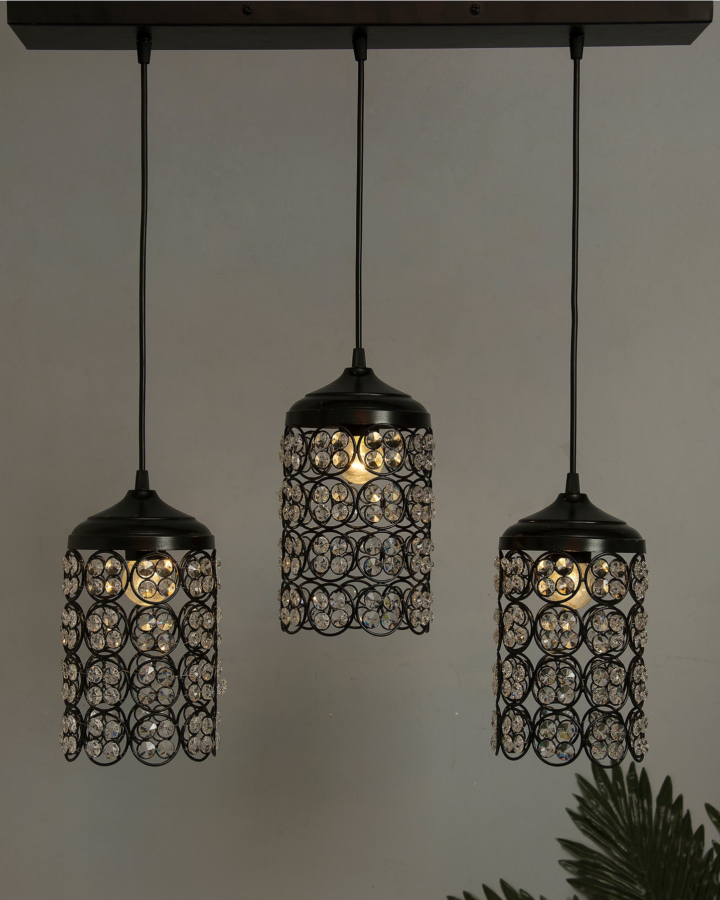 3-Lights Linear Cluster Cylinder Chandelier Quad Crystal Hanging Light, Decorative, Black, Kitchen Area and Dining Room Light, LED/Filament Light