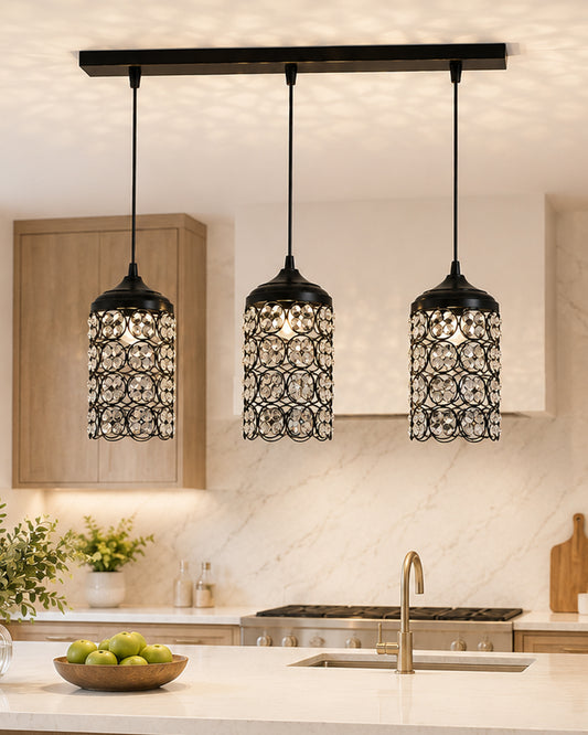 3-Lights Linear Cluster Cylinder Chandelier Quad Crystal Hanging Light, Decorative, Black, Kitchen Area and Dining Room Light, LED/Filament Light