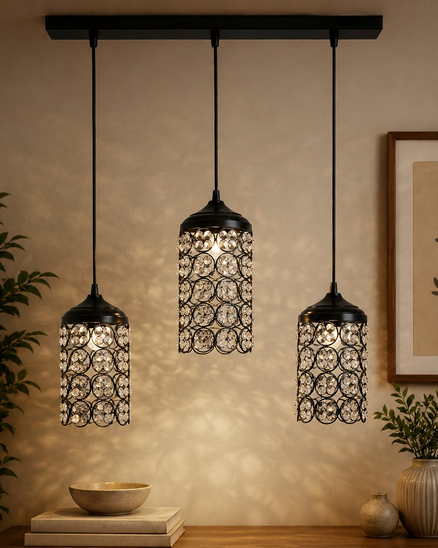 3-Lights Linear Cluster Cylinder Chandelier Quad Crystal Hanging Light, Decorative, Black, Kitchen Area and Dining Room Light, LED/Filament Light