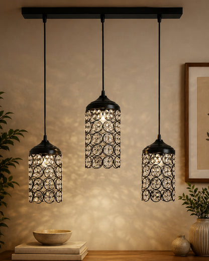 3-Lights Linear Cluster Cylinder Chandelier Quad Crystal Hanging Light, Decorative, Black, Kitchen Area and Dining Room Light, LED/Filament Light