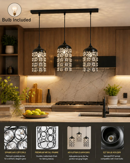 3-Lights Linear Cluster Cylinder Chandelier Quad Crystal Hanging Light, Decorative, Black, Kitchen Area and Dining Room Light, LED/Filament Light