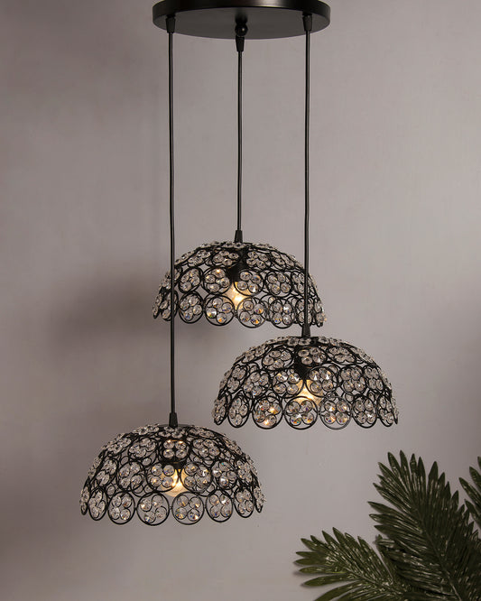 3-Lights Round Cluster Hemisphere Chandelier Quad Crystal Hanging Light, Decorative, Black, Kitchen Area and Dining Room Light, LED/Filament Light