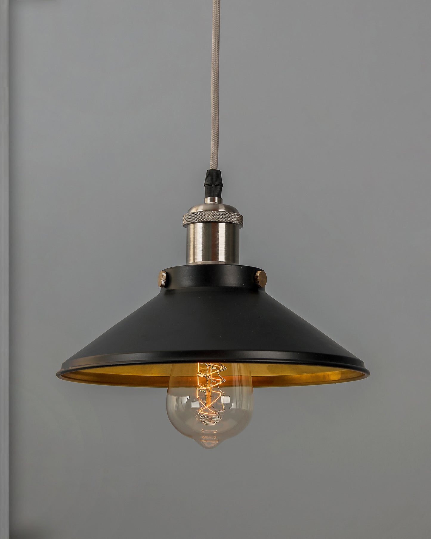 Single Black Cone Pendant with Nickel Holder, E27, Modern Nordic Hanging Ceiling Light
