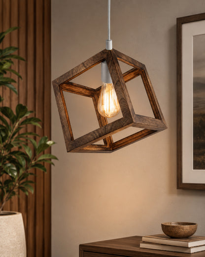 Modern Antique Wooden Pendant Cube Light, with White Silicon Holder, Restaurant Dining Kitchen Hanging Light with Fixture, LED/Filament