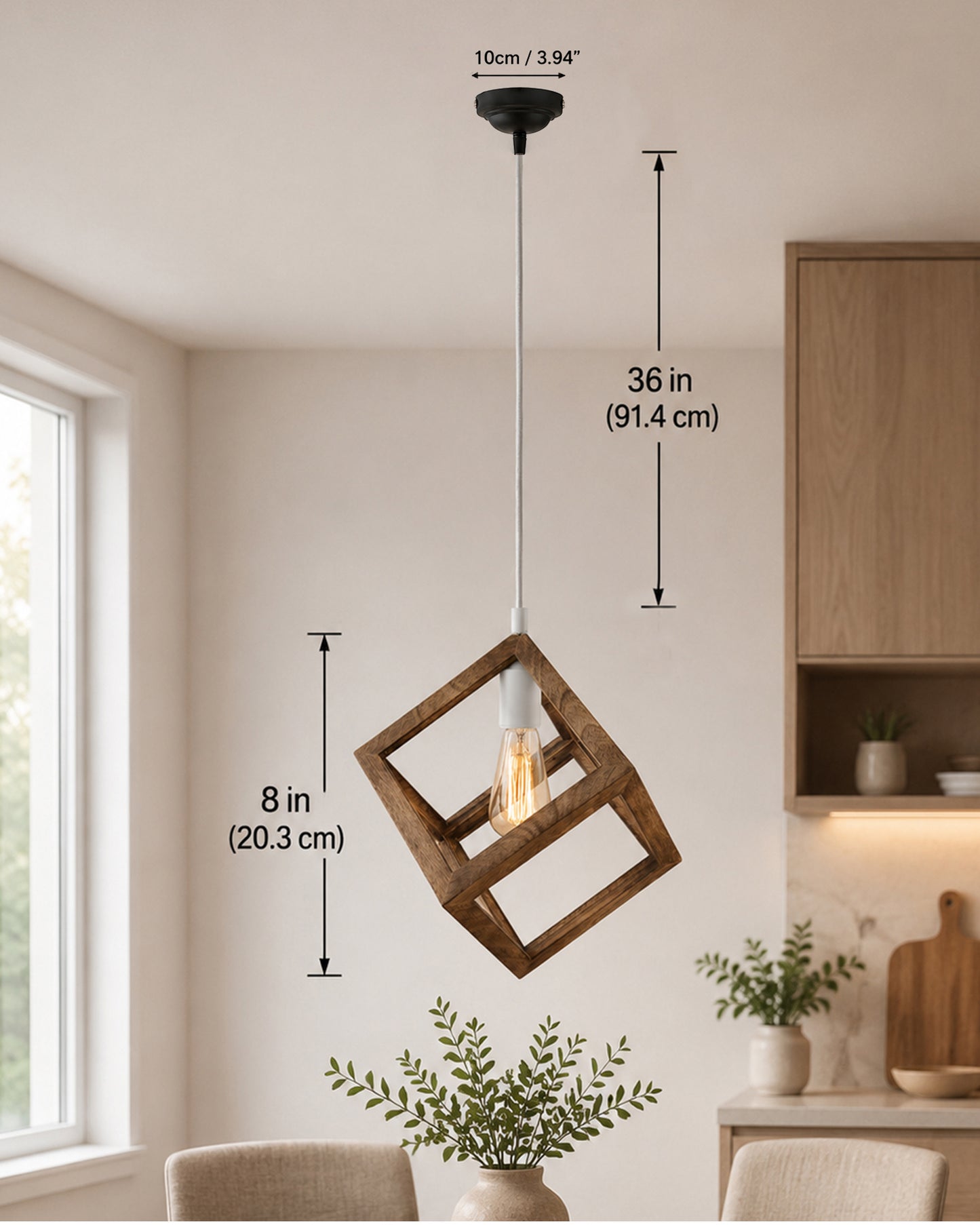 Modern Antique Wooden Pendant Cube Light, with White Silicon Holder, Restaurant Dining Kitchen Hanging Light with Fixture, LED/Filament