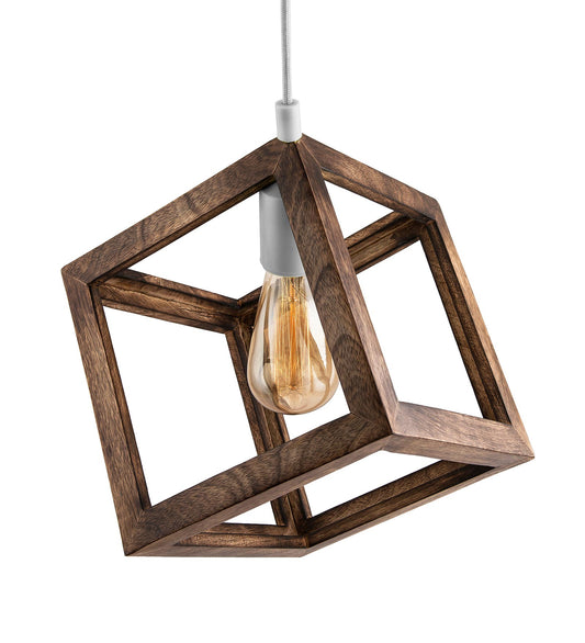 Modern Antique Wooden Pendant Cube Light, with White Silicon Holder, Restaurant Dining Kitchen Hanging Light with Fixture, LED/Filament