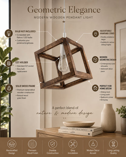 Modern Antique Wooden Pendant Cube Light, with White Silicon Holder, Restaurant Dining Kitchen Hanging Light with Fixture, LED/Filament