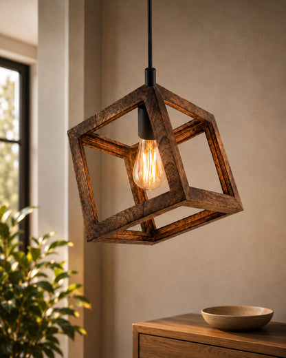 Modern Antique Wooden Pendant Cube Light, with White Silicon Holder, Restaurant Dining Kitchen Hanging Light with Fixture, LED/Filament