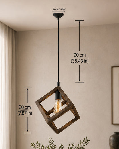 Modern Antique Wooden Pendant Cube Light, with White Silicon Holder, Restaurant Dining Kitchen Hanging Light with Fixture, LED/Filament
