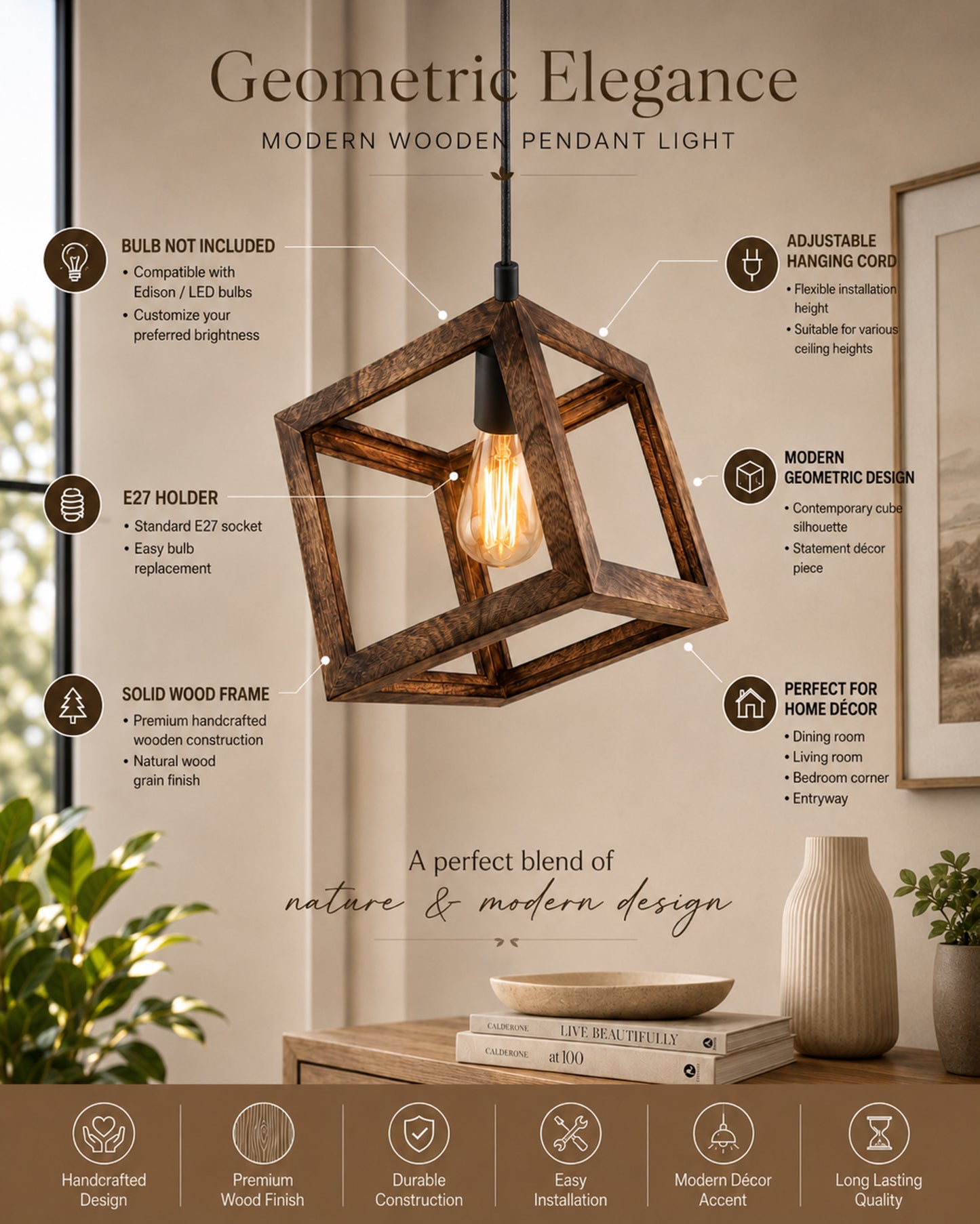 Modern Antique Wooden Pendant Cube Light, with White Silicon Holder, Restaurant Dining Kitchen Hanging Light with Fixture, LED/Filament