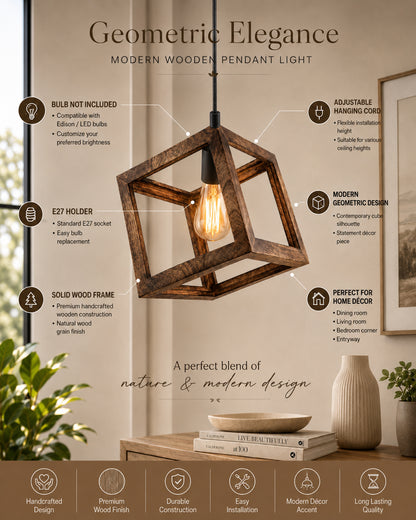 Modern Antique Wooden Pendant Cube Light, with White Silicon Holder, Restaurant Dining Kitchen Hanging Light with Fixture, LED/Filament