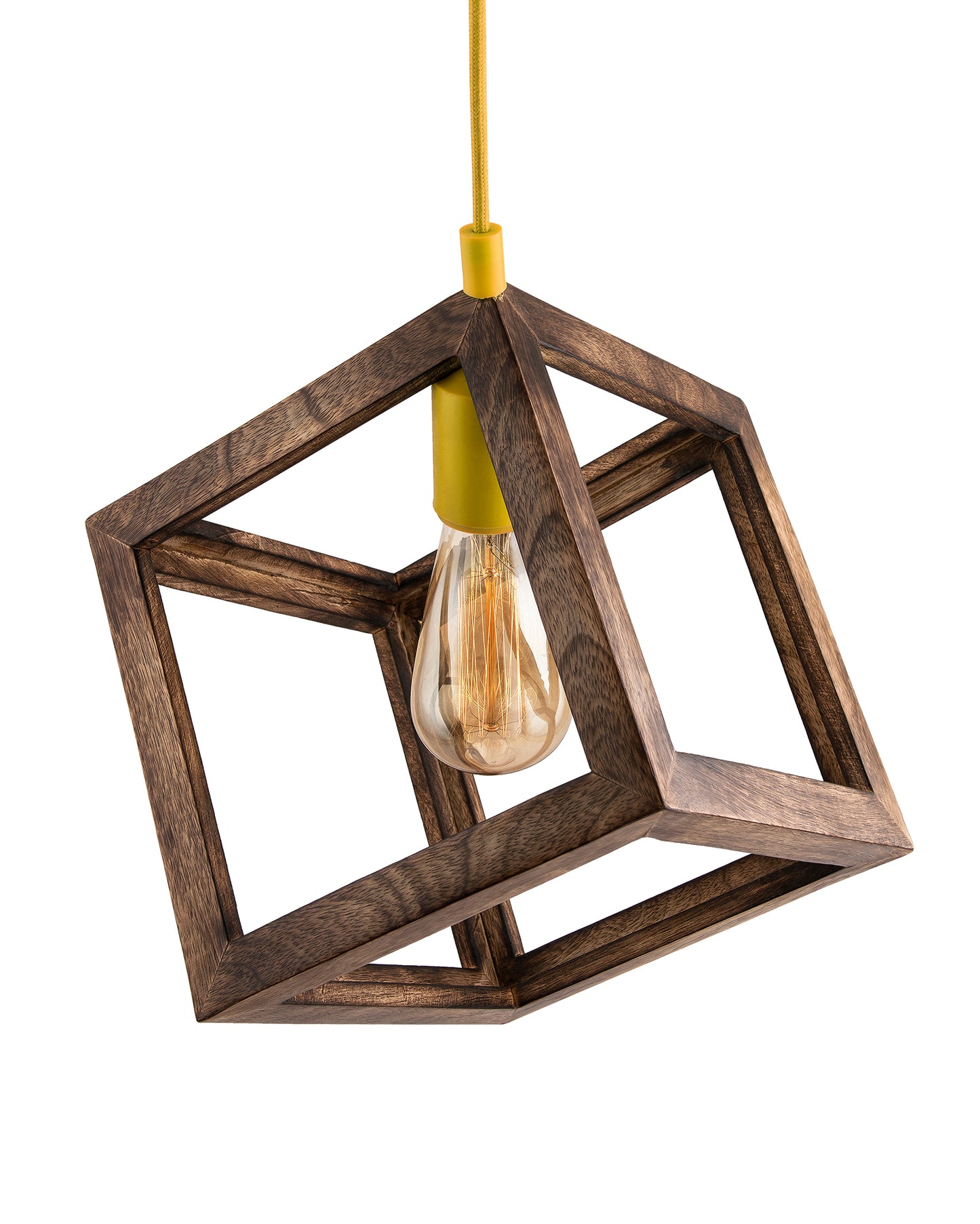 Modern Antique Wooden Pendant Cube Light, with White Silicon Holder, Restaurant Dining Kitchen Hanging Light with Fixture, LED/Filament