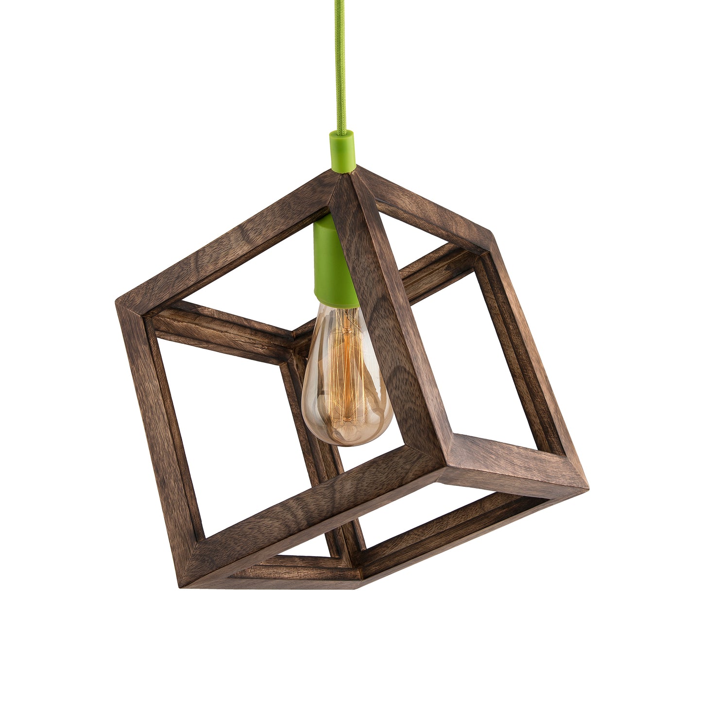 Modern Antique Wooden Pendant Cube Light, with White Silicon Holder, Restaurant Dining Kitchen Hanging Light with Fixture, LED/Filament