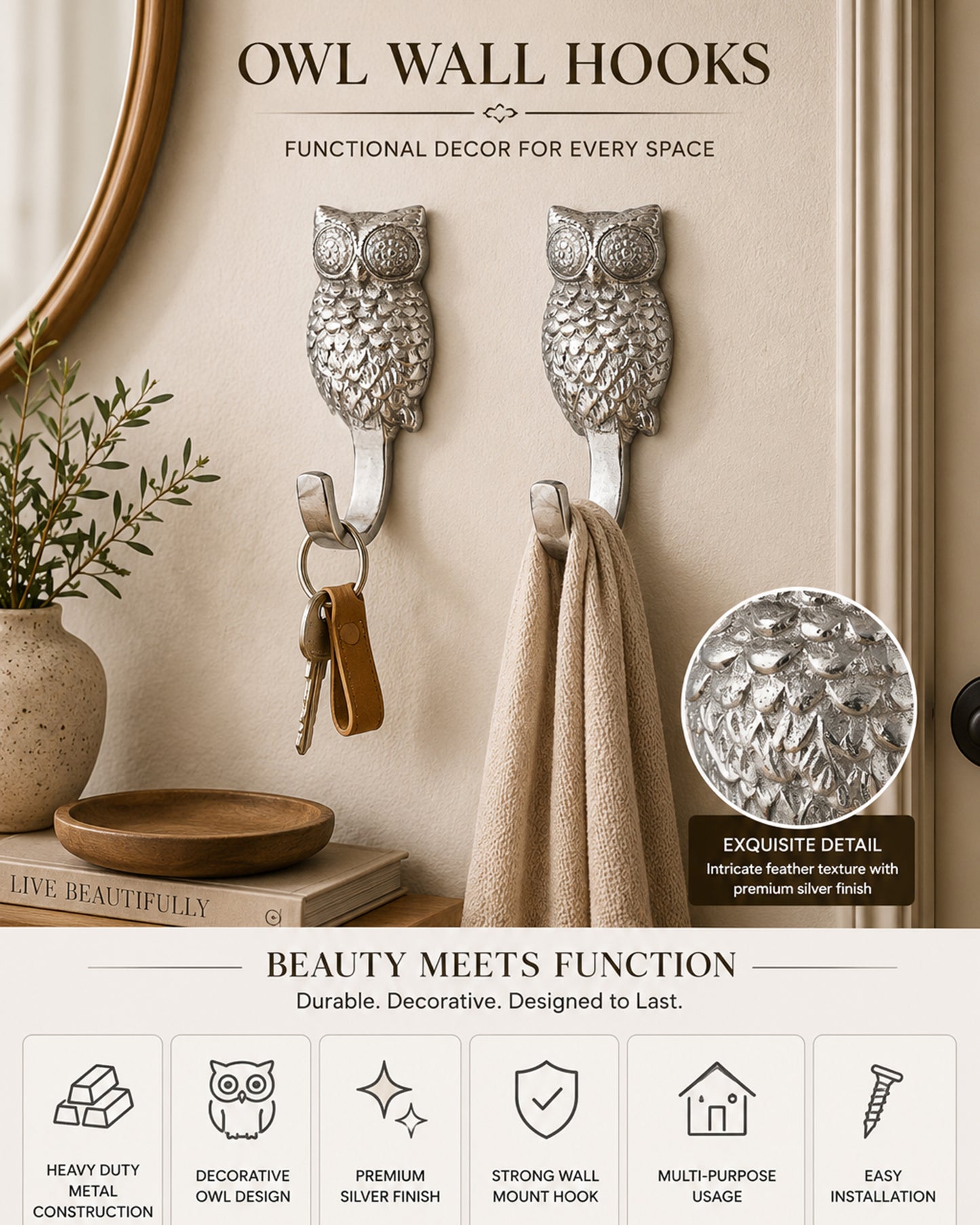 Handmade Owl Wall Hook Decorative - Antique Aluminium Wall Mounted Utility Hooks - Large Decorative heavy Duty Hooks For Mounting, Set of 2