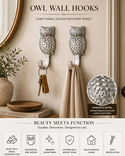 Handmade Owl Wall Hook Decorative - Antique Aluminium Wall Mounted Utility Hooks - Large Decorative heavy Duty Hooks For Mounting, Set of 2