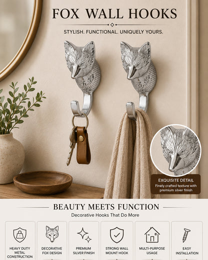 Handmade Fox Head Wall Hook Decorative - Antique Aluminium Wall Mounted Utility Hooks - Large Decorative heavy Duty Hooks For Mounting, Set of 2