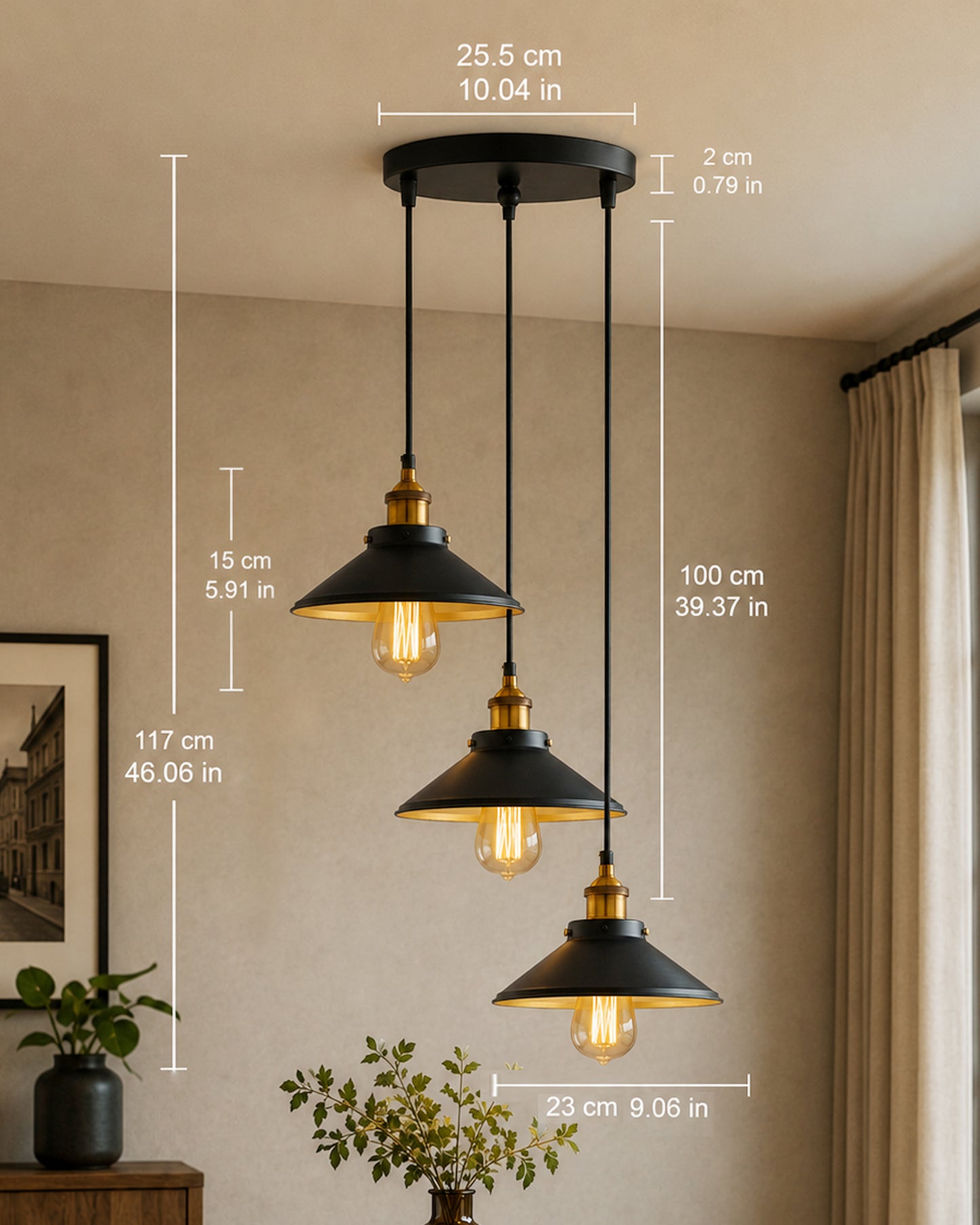 3-Lights Round Cone Shade Cluster Chandelier Hanging Light, Decorative, Black, Kitchen Area and Dining Room Light, LED/Filament Light