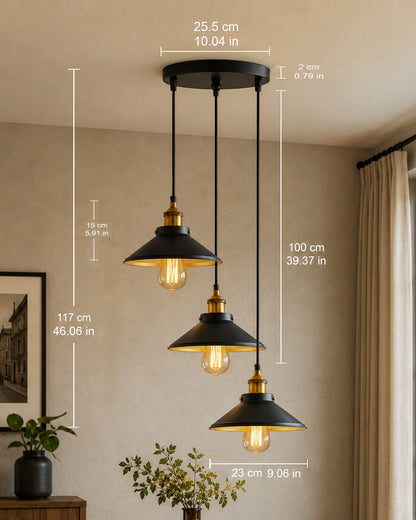 3-Lights Round Cone Shade Cluster Chandelier Hanging Light, Decorative, Black, Kitchen Area and Dining Room Light, LED/Filament Light