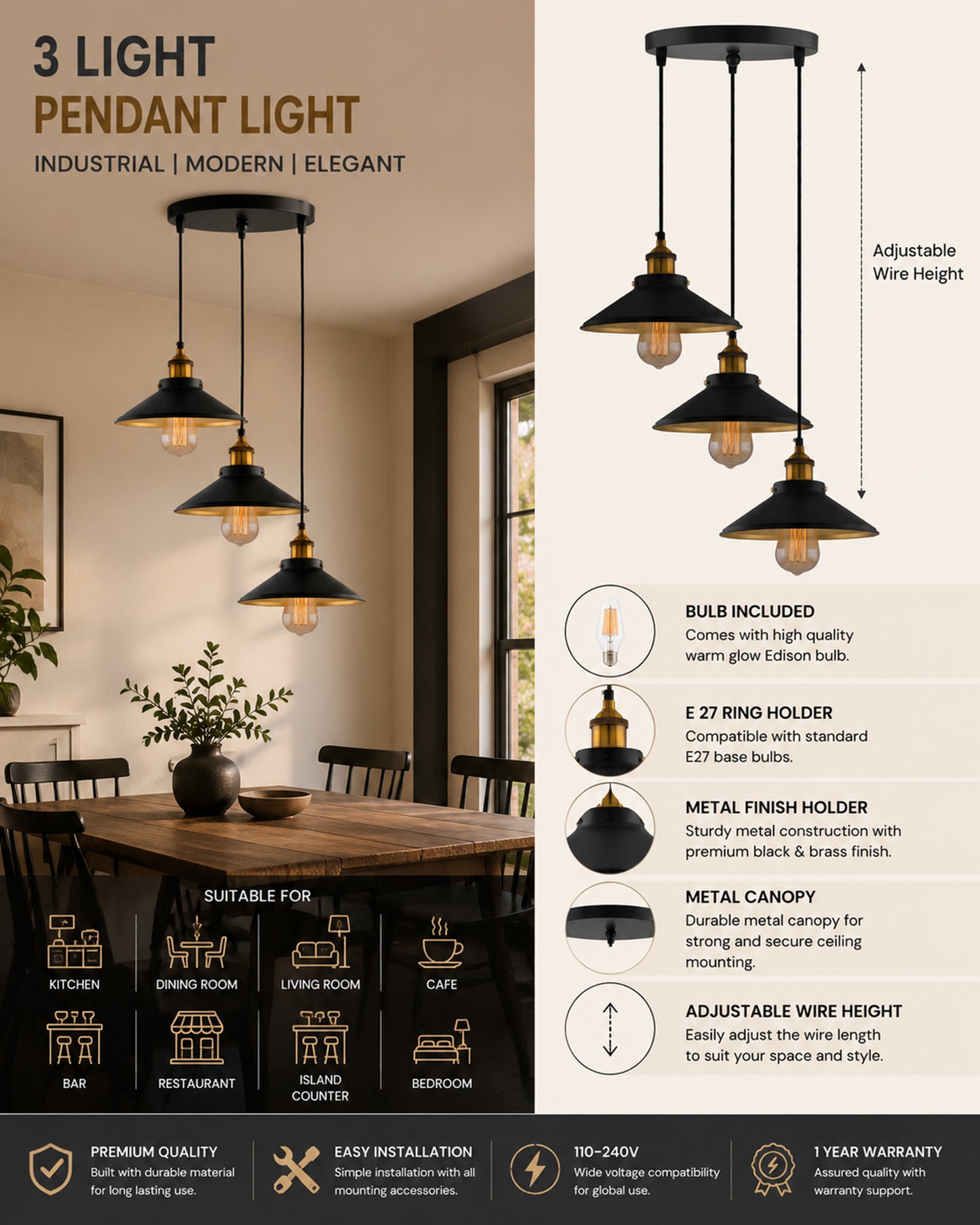 3-Lights Round Cone Shade Cluster Chandelier Hanging Light, Decorative, Black, Kitchen Area and Dining Room Light, LED/Filament Light