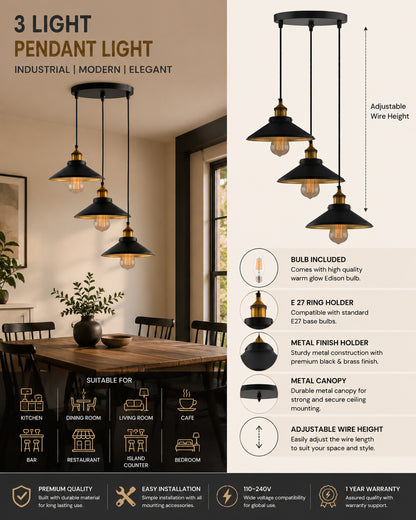 3-Lights Round Cone Shade Cluster Chandelier Hanging Light, Decorative, Black, Kitchen Area and Dining Room Light, LED/Filament Light