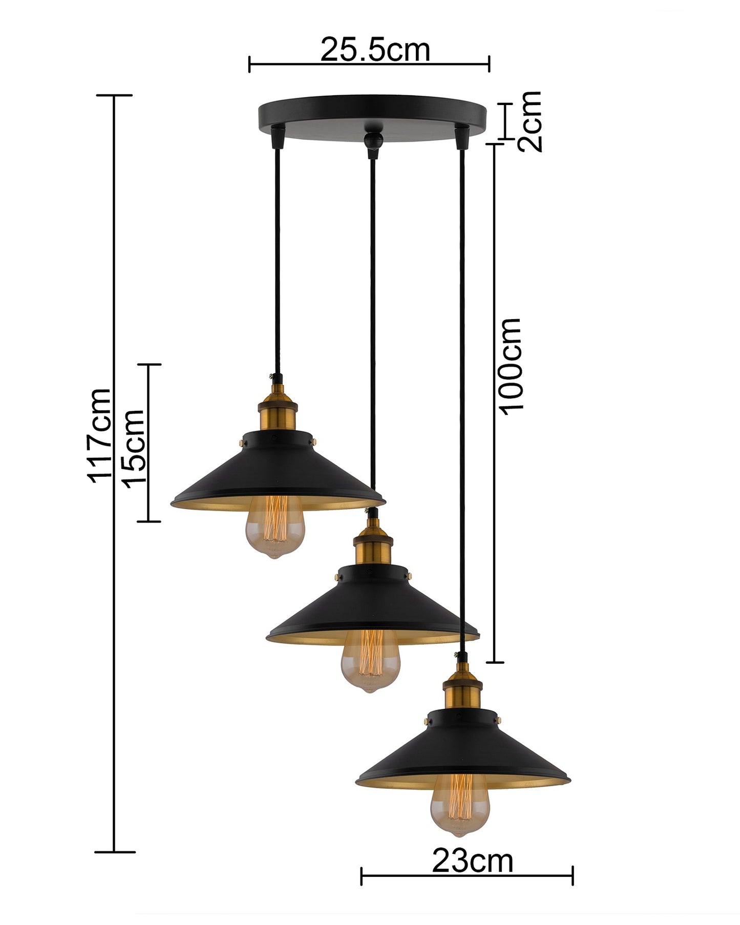 3-Lights Round Cone Shade Cluster Chandelier Hanging Light, Decorative, Black, Kitchen Area and Dining Room Light, LED/Filament Light