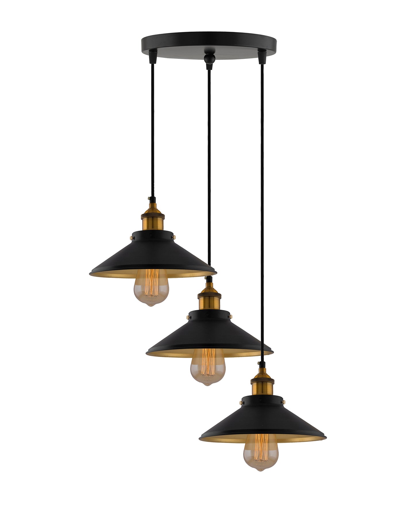 3-Lights Round Cone Shade Cluster Chandelier Hanging Light, Decorative, Black, Kitchen Area and Dining Room Light, LED/Filament Light