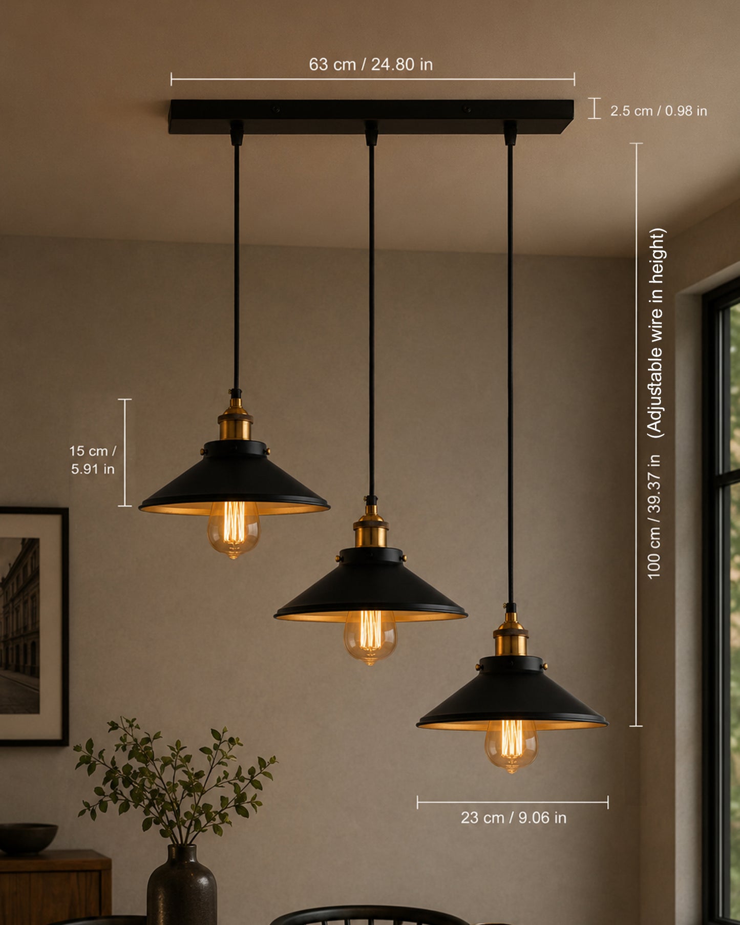 3-Lights Linear Cone Shade Cluster Chandelier Hanging Light, Decorative, Black, Kitchen Area and Dining Room Light, LED/Filament Light