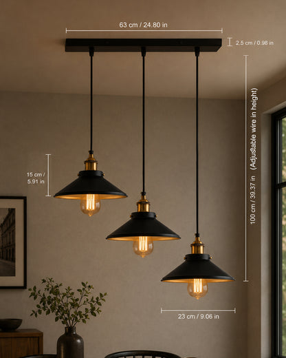 3-Lights Linear Cone Shade Cluster Chandelier Hanging Light, Decorative, Black, Kitchen Area and Dining Room Light, LED/Filament Light