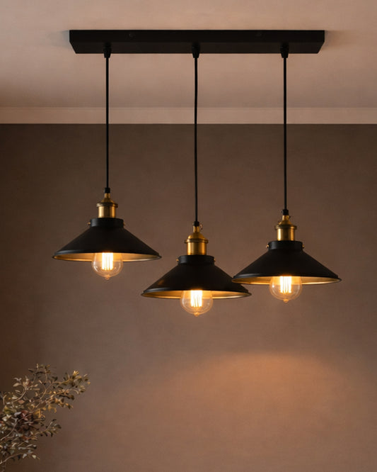 3-Lights Linear Cone Shade Cluster Chandelier Hanging Light, Decorative, Black, Kitchen Area and Dining Room Light, LED/Filament Light