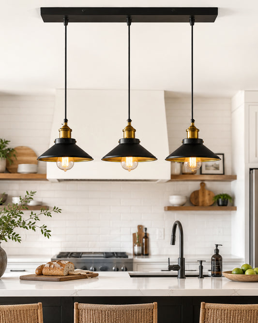 3-Lights Linear Cone Shade Cluster Chandelier Hanging Light, Decorative, Black, Kitchen Area and Dining Room Light, LED/Filament Light