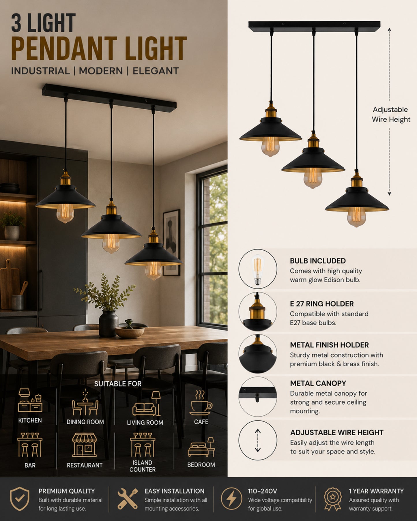 3-Lights Linear Cone Shade Cluster Chandelier Hanging Light, Decorative, Black, Kitchen Area and Dining Room Light, LED/Filament Light