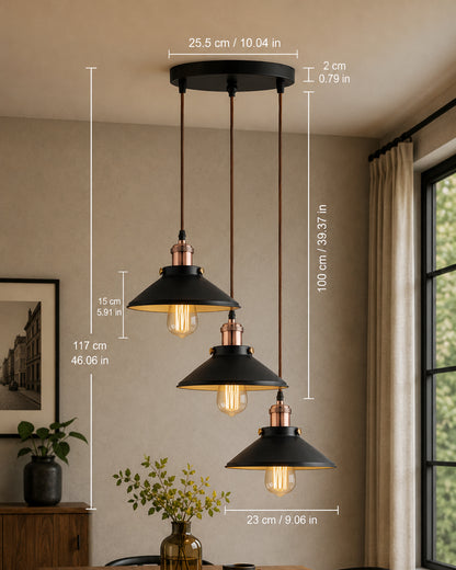 3-Lights Round Cone Shade Cluster Chandelier Hanging Light, Decorative, Black, Kitchen Area and Dining Room Light, LED/Filament Light