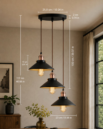 3-Lights Round Cone Shade Cluster Chandelier Hanging Light, Decorative, Black, Kitchen Area and Dining Room Light, LED/Filament Light
