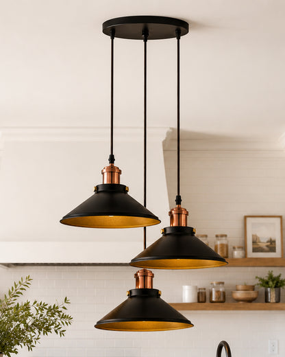 3-Lights Round Cone Shade Cluster Chandelier Hanging Light, Decorative, Black, Kitchen Area and Dining Room Light, LED/Filament Light